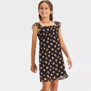 Art Class Girls’ Sleeveless Chiffon Floral Dress - Ebony Black S